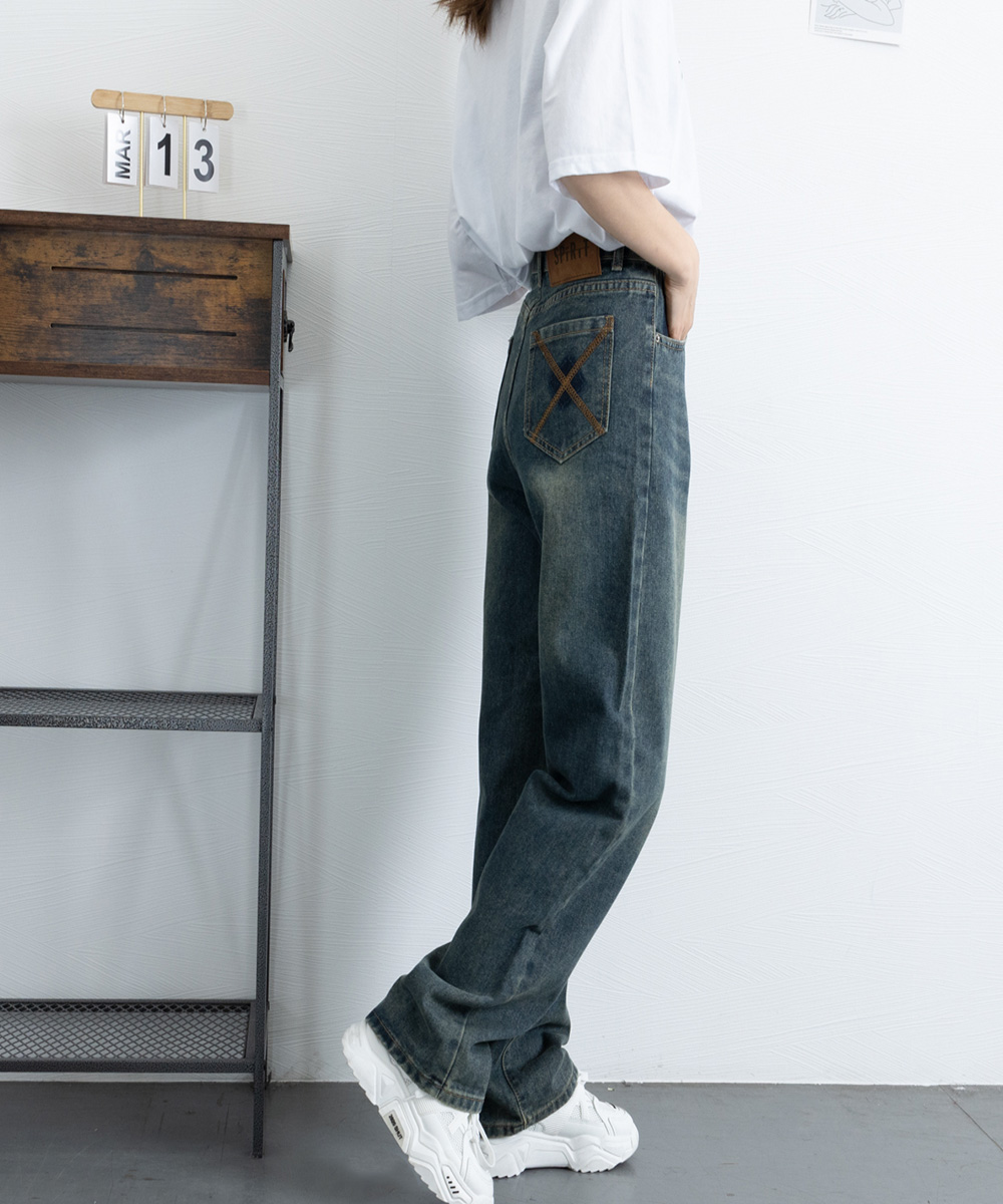 ワークパンツ ハイウエストヴィンテージデニム 美脚効果