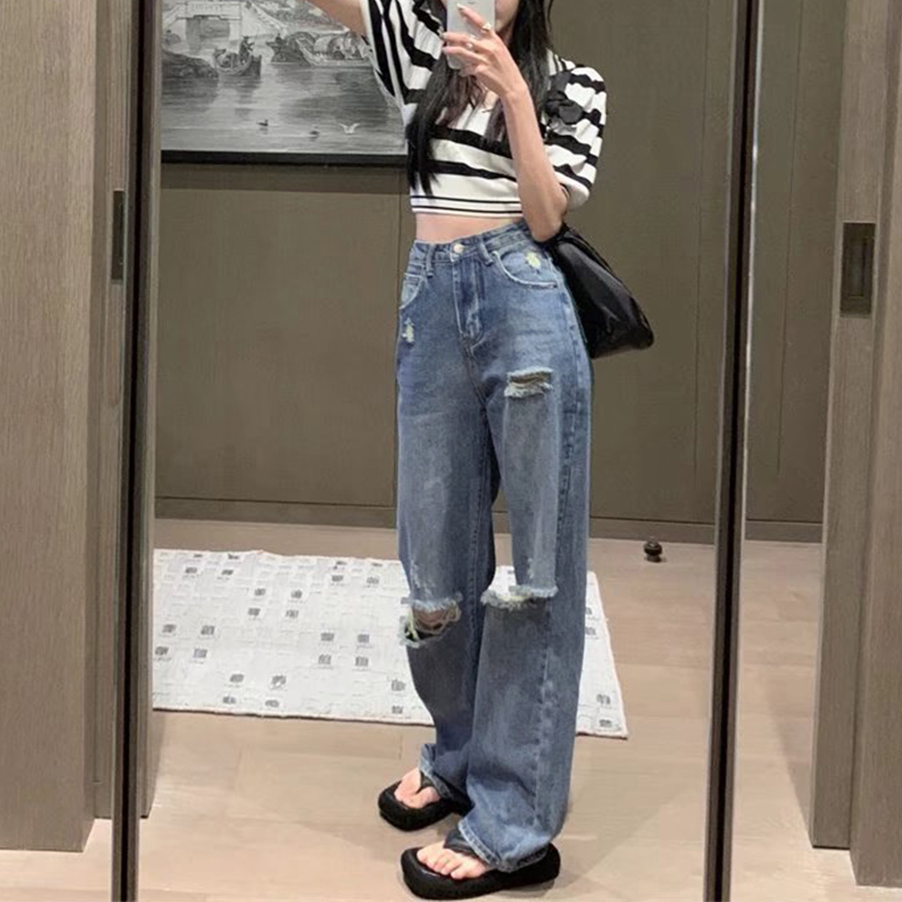 ワークパンツ ハイウエスト美脚ダメージデニム
