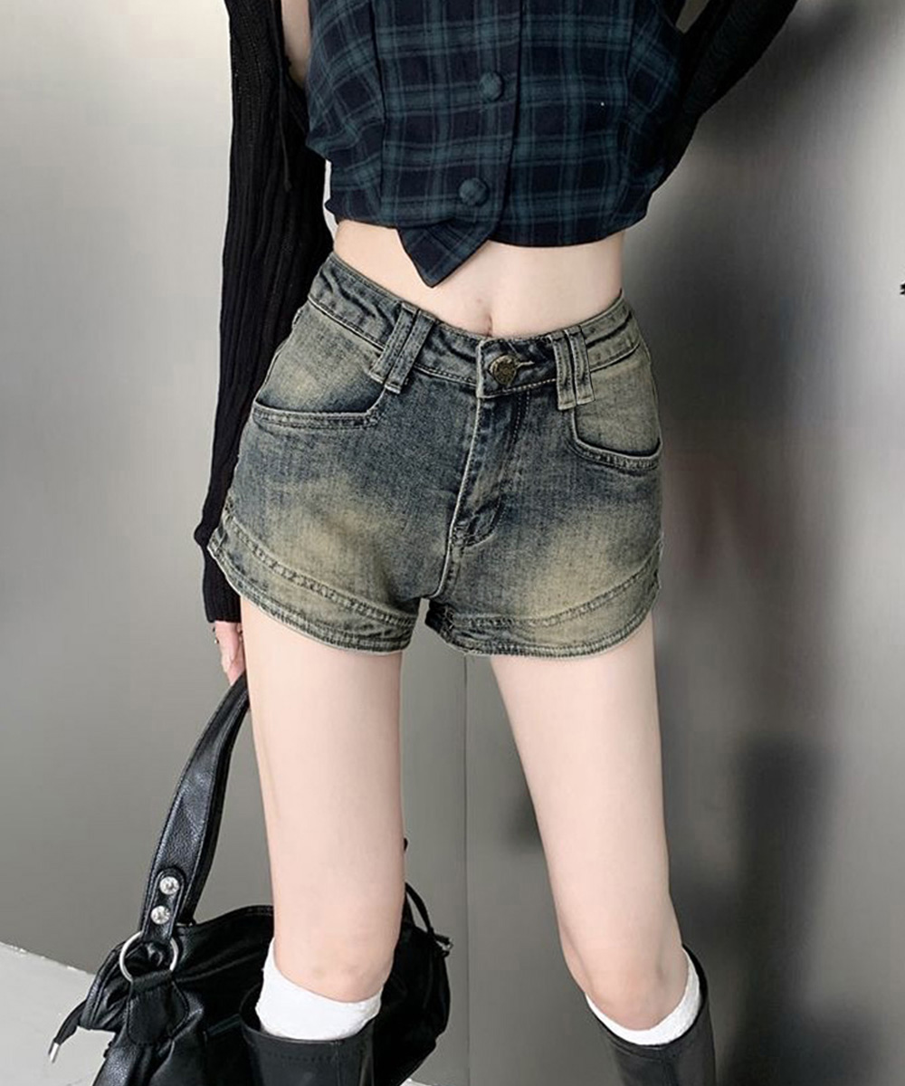ワークパンツ ハイウエストデニムショートパンツ 美脚効果