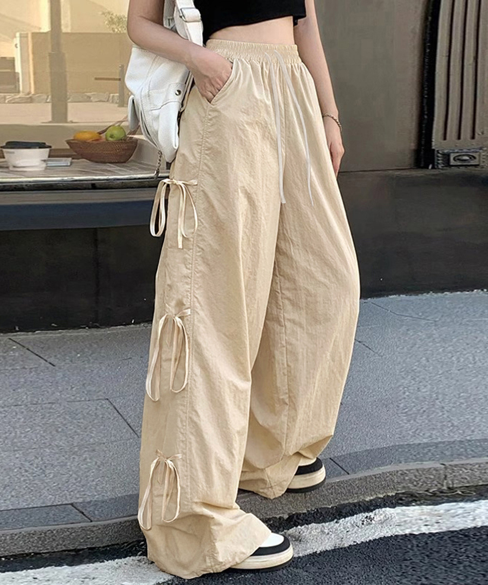 ワークパンツ サイドリボン 軽やか素材 ワイドカーゴパンツ