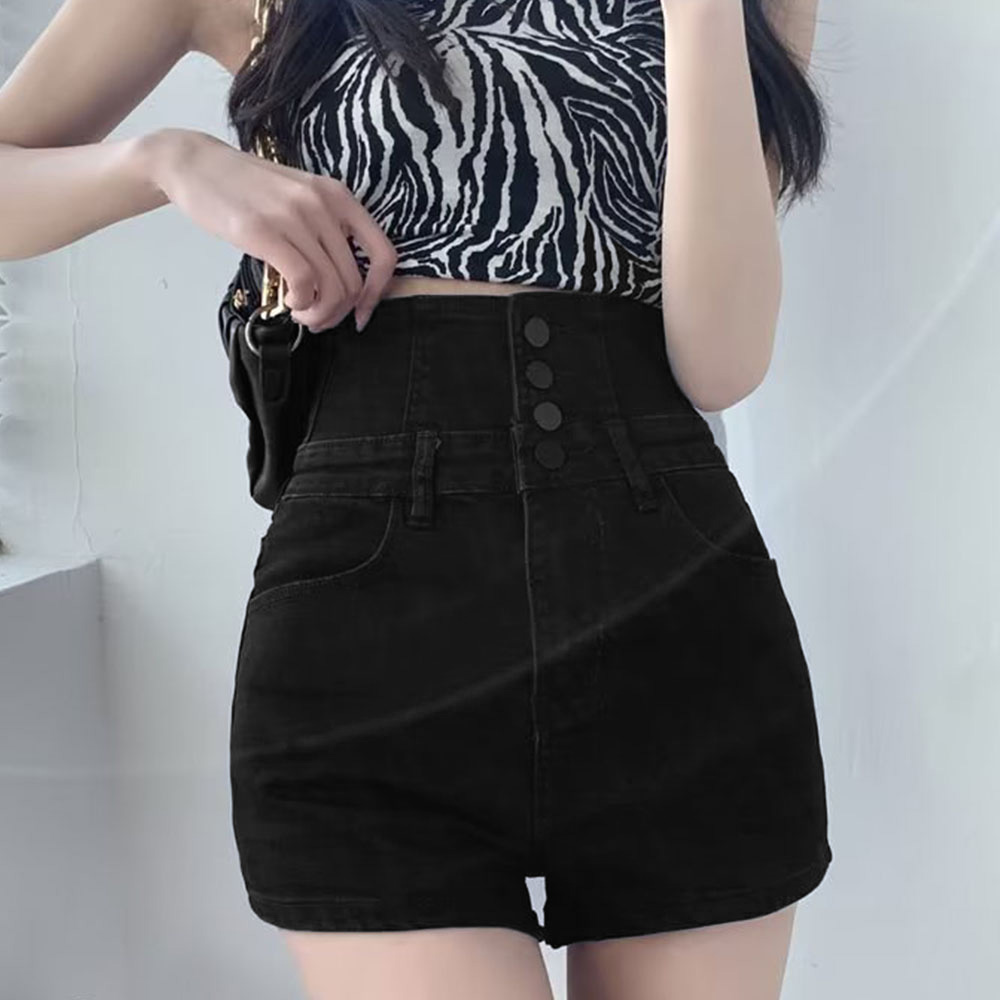 ワークパンツ 美脚効果抜群 コルセット風デニムショートパンツ