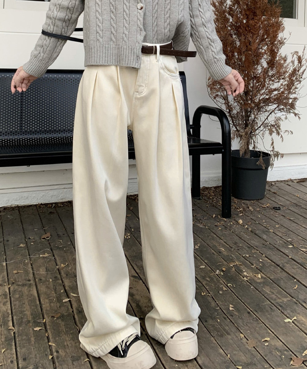 ワークパンツ タック入り美脚デニムワイドパンツ