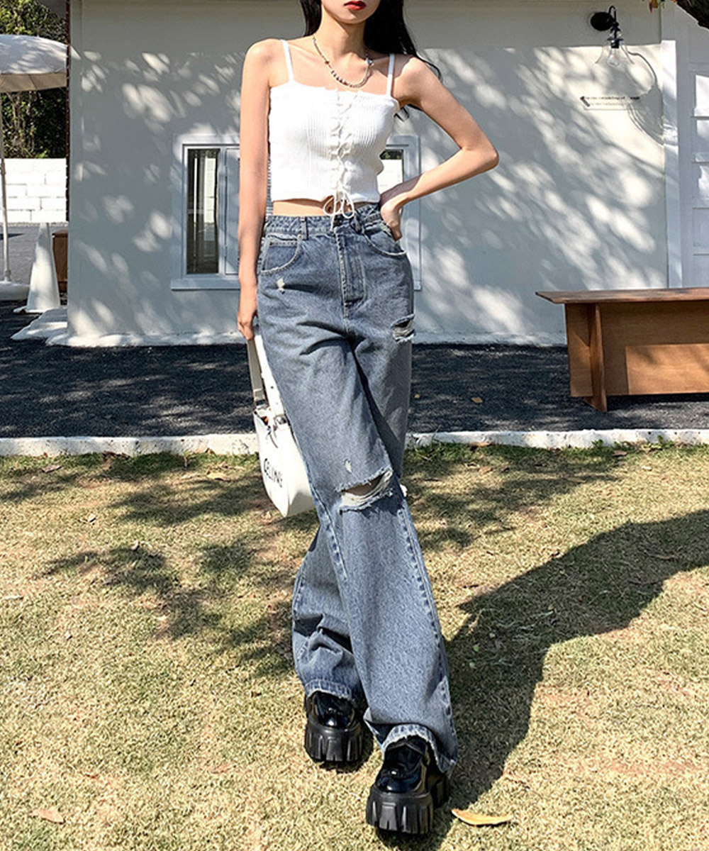 ワークパンツ ハイウエストダメージデニム レディース美脚