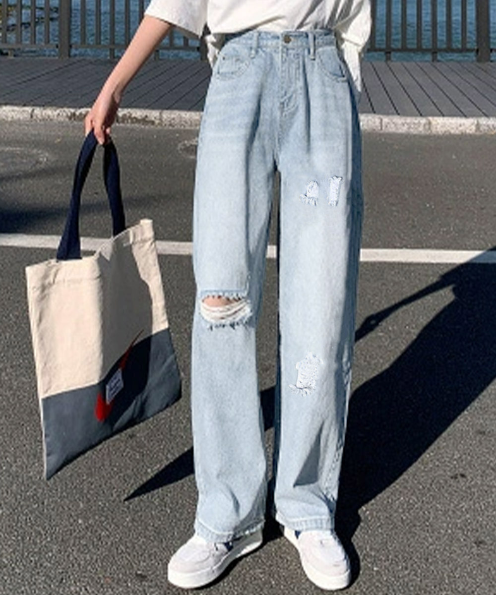 ワークパンツ ハイウエストワイドデニム ダメージ加工 脚長効果