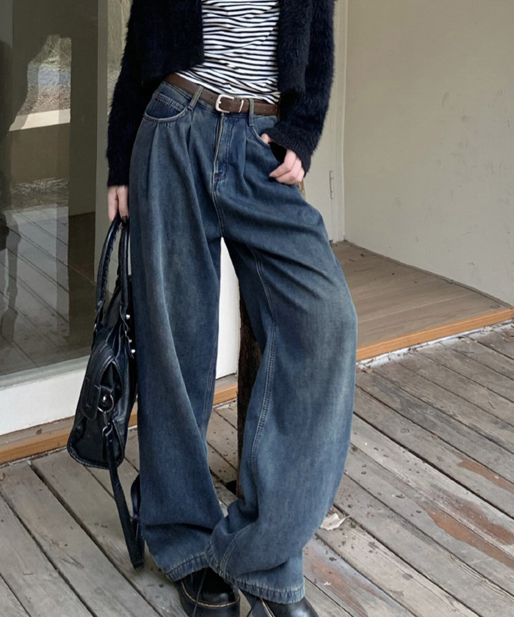 ワークパンツ タック入り美脚デニムワイドパンツ