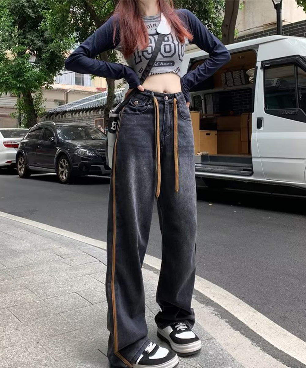 ハイウエストデニム サイドライン美脚ワークパンツ