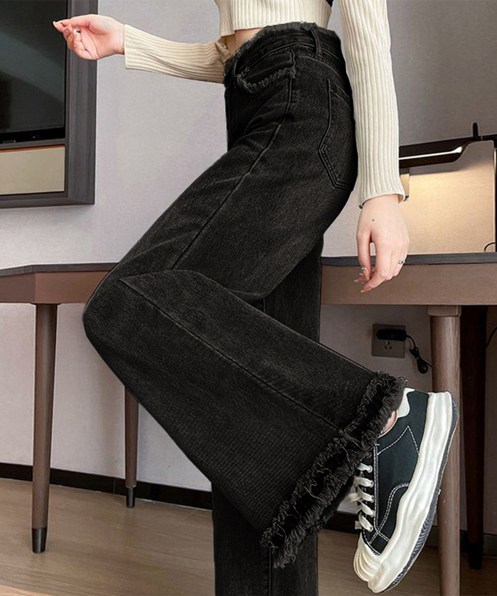 ワークパンツ ハイウエスト フリンジデニム 美脚パンツ