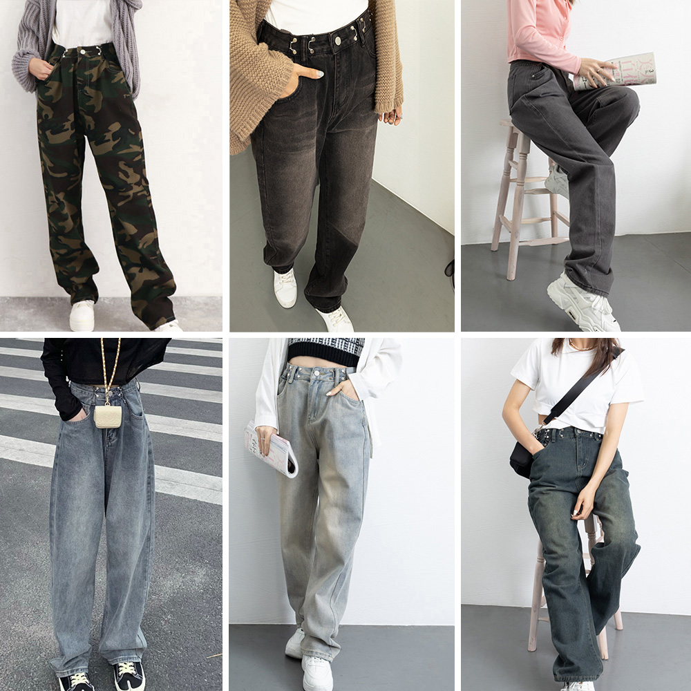 ワークパンツ 脚長効果 ハイウエストデニムワイドパンツ