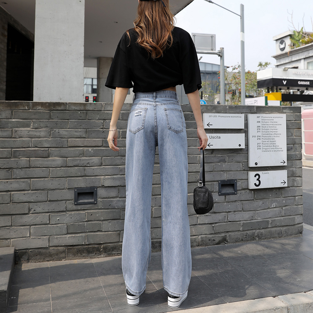 ワークパンツ 韓国風 ダメージデニム ハイウエストストレート
