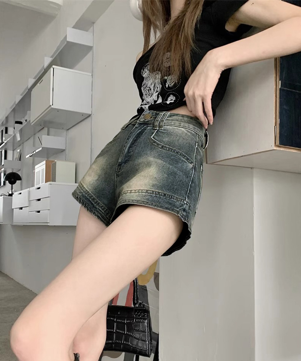 ワークパンツ ハイウエストデニムショートパンツ 美脚効果