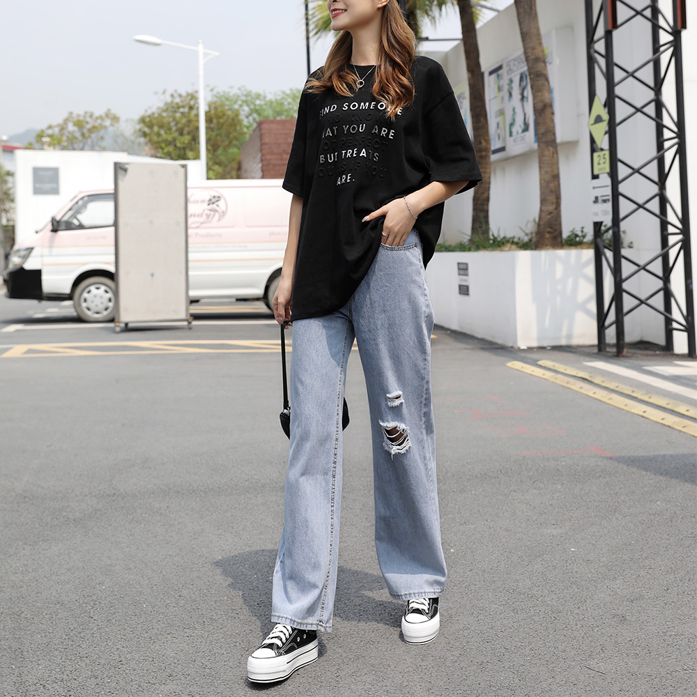 ワークパンツ 韓国風 ダメージデニム ハイウエストストレート