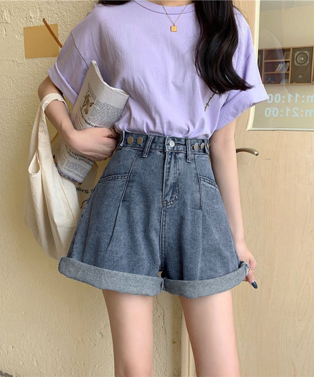ワークパンツ ハイウエストデニムショートパンツ 美脚 調節可能