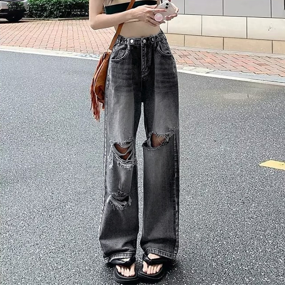 ワークパンツ ハイウエストクラッシュデニム レディース
