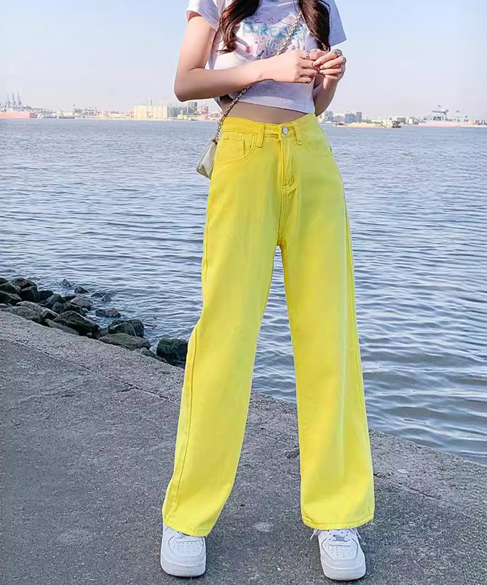 ワークパンツ カラフルハイウエストデニムパンツ 美脚効果