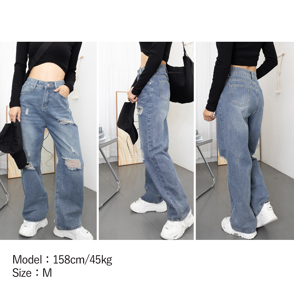 ワークパンツ ハイウエスト美脚ダメージデニム