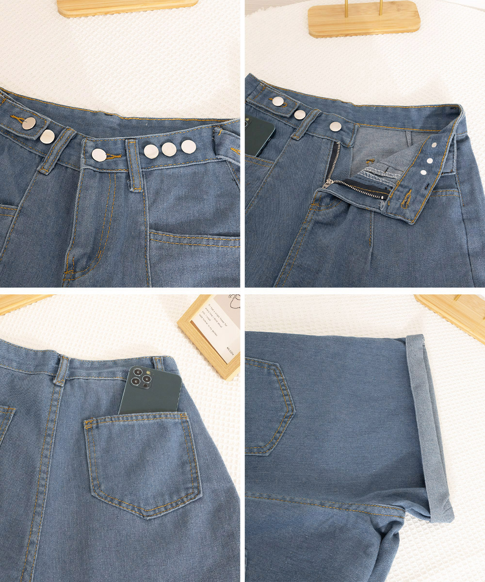 ワークパンツ ハイウエストデニムショートパンツ 美脚 調節可能