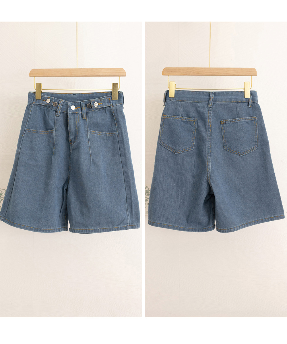 ワークパンツ ハイウエストデニムショートパンツ 美脚 調節可能