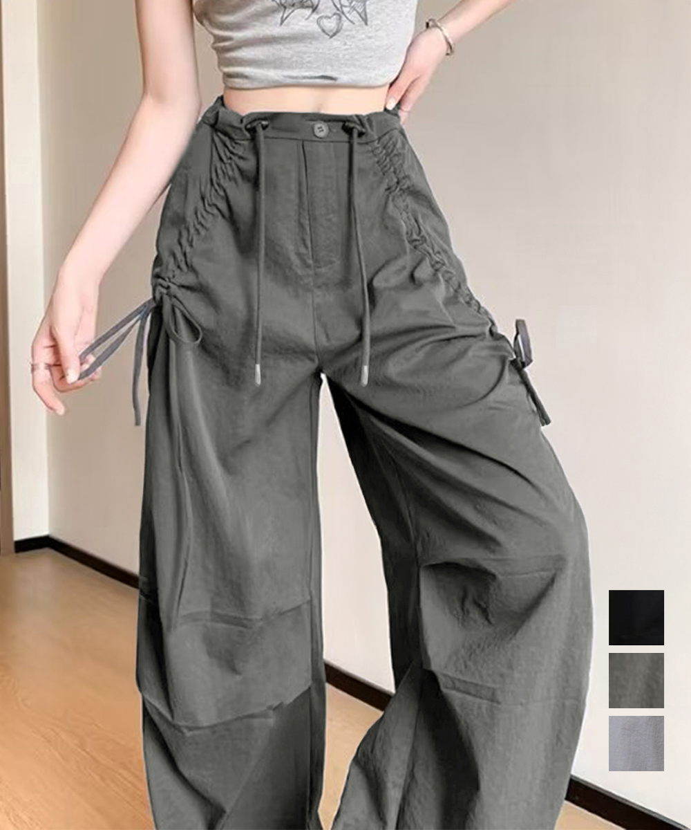 ワークパンツ サイドリボン ワイド カーゴパンツ レディース