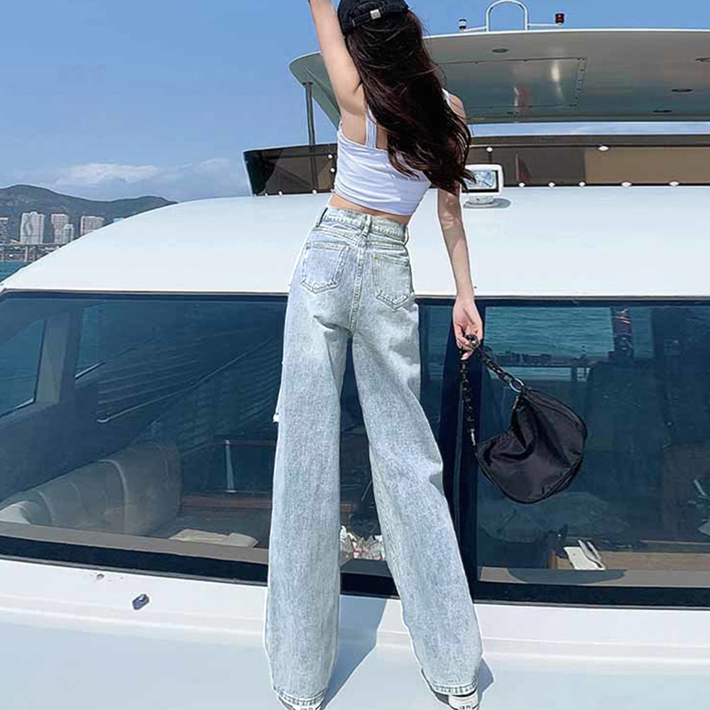 ワークパンツ ハイウエスト ダメージデニム ワイドパンツ