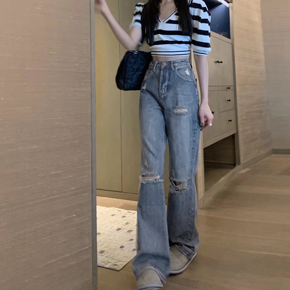 ワークパンツ ハイウエスト美脚ダメージデニム