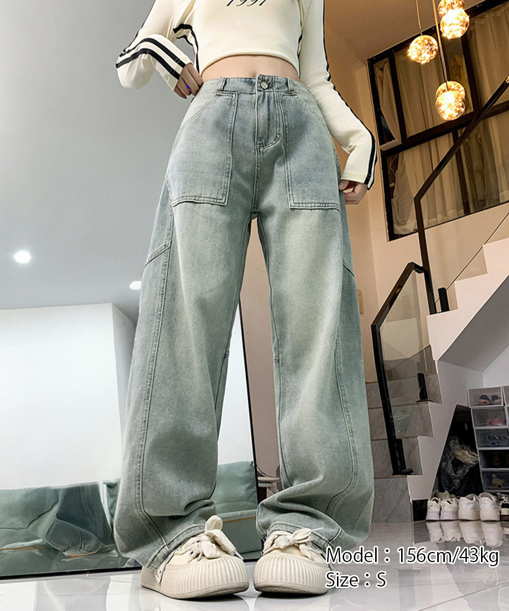 ワークパンツ レトロ風ワイドデニムパンツ 美脚バギー