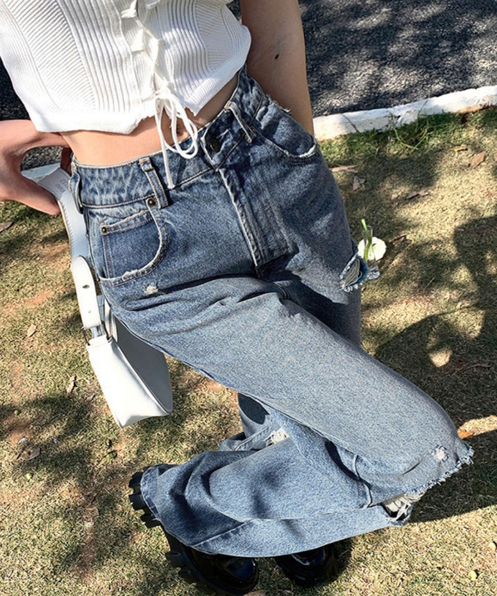 ワークパンツ ハイウエストダメージデニム レディース美脚