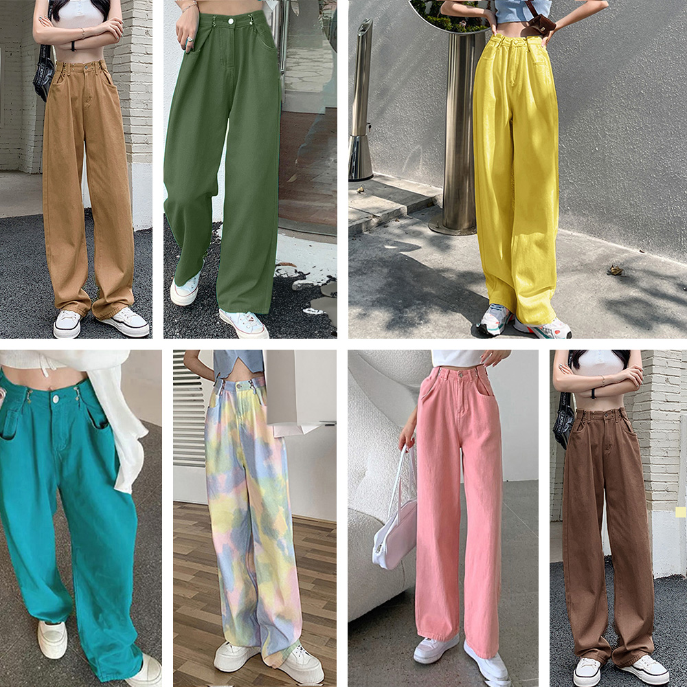 ワークパンツ 脚長効果 ハイウエストデニムワイドパンツ