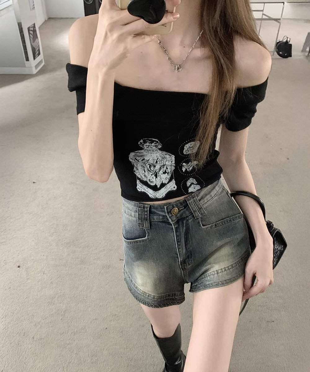 ワークパンツ ハイウエストデニムショートパンツ 美脚効果