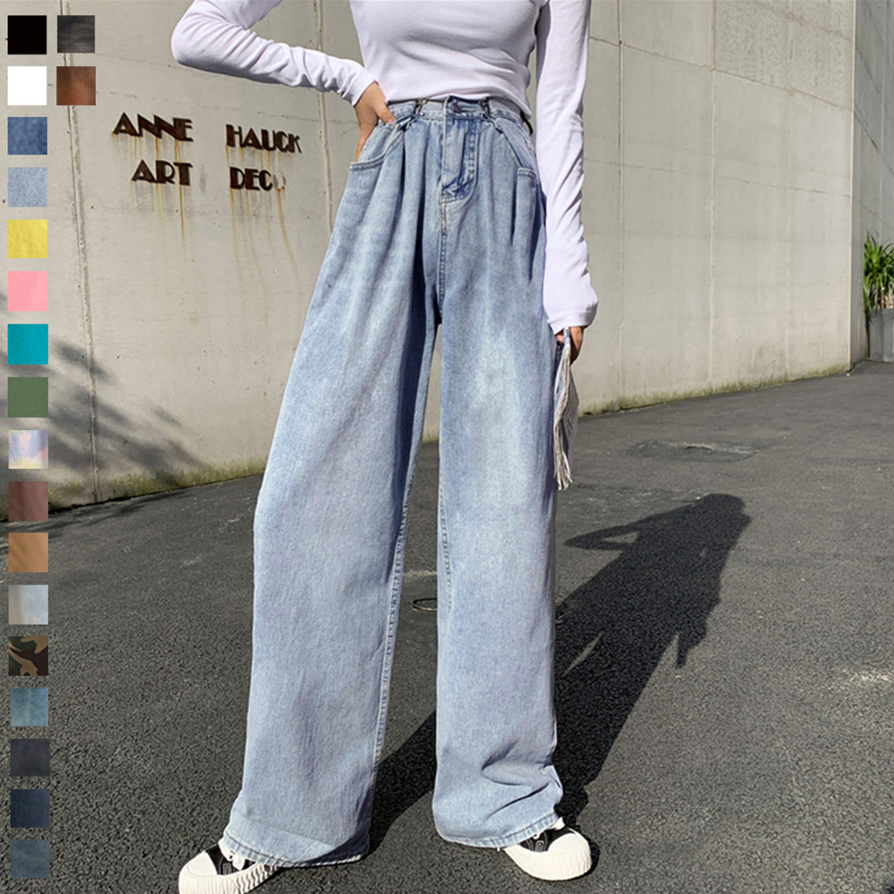 ワークパンツ 脚長効果 ハイウエストデニムワイドパンツ