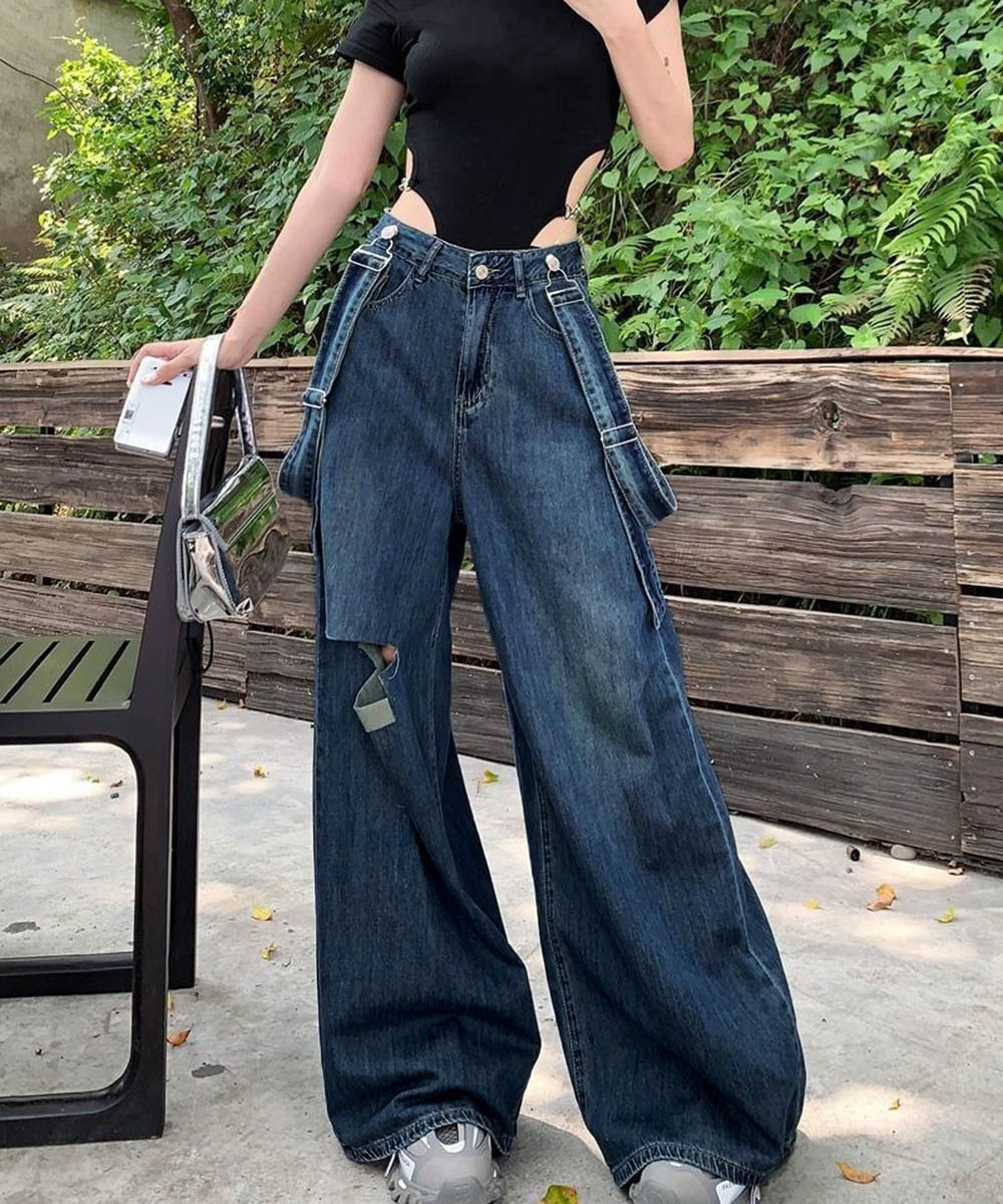 ワークパンツ スリット入りハイウエストデニムサス付きワイドパンツ