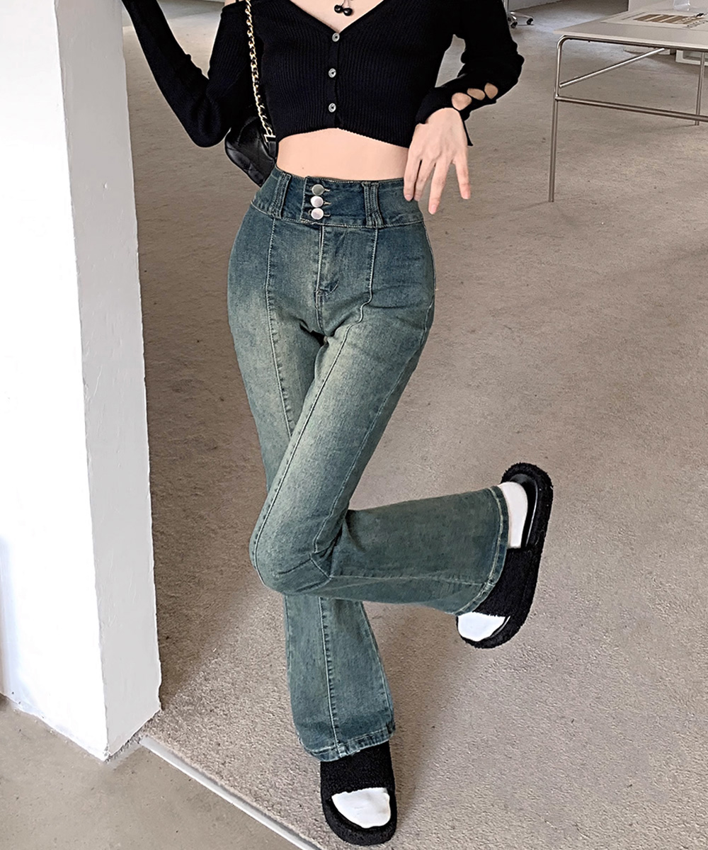 ワークパンツ レトロ風 ハイウエストセミフレアデニム