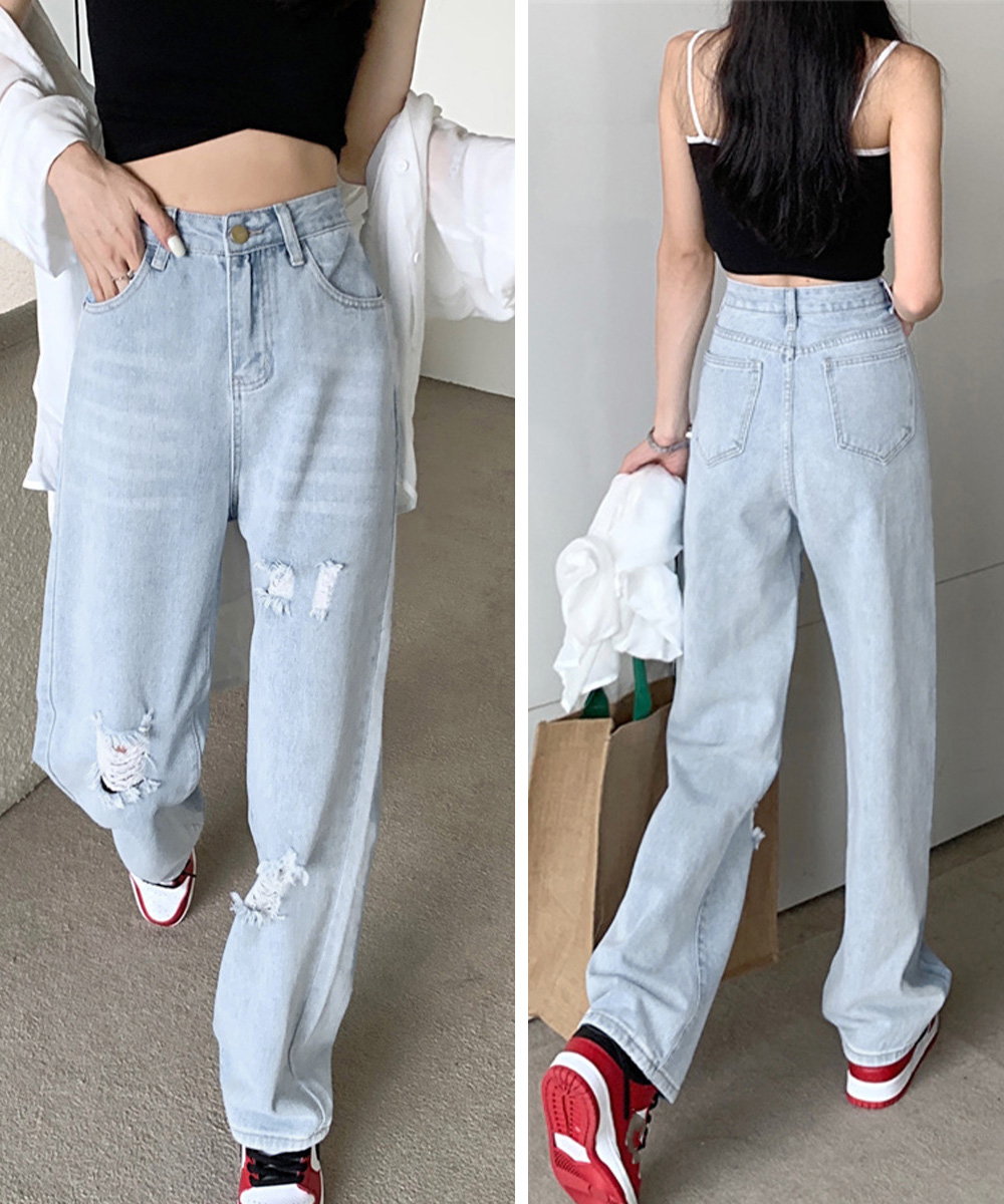 ワークパンツ ハイウエストワイドデニム ダメージ加工 脚長効果