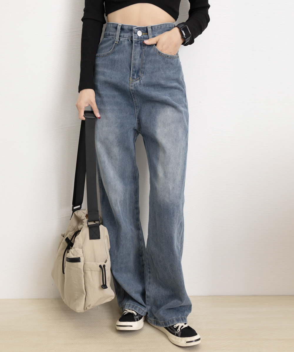 ワークパンツ レトロ風ハイウエストデニム 美脚ワイドパンツ