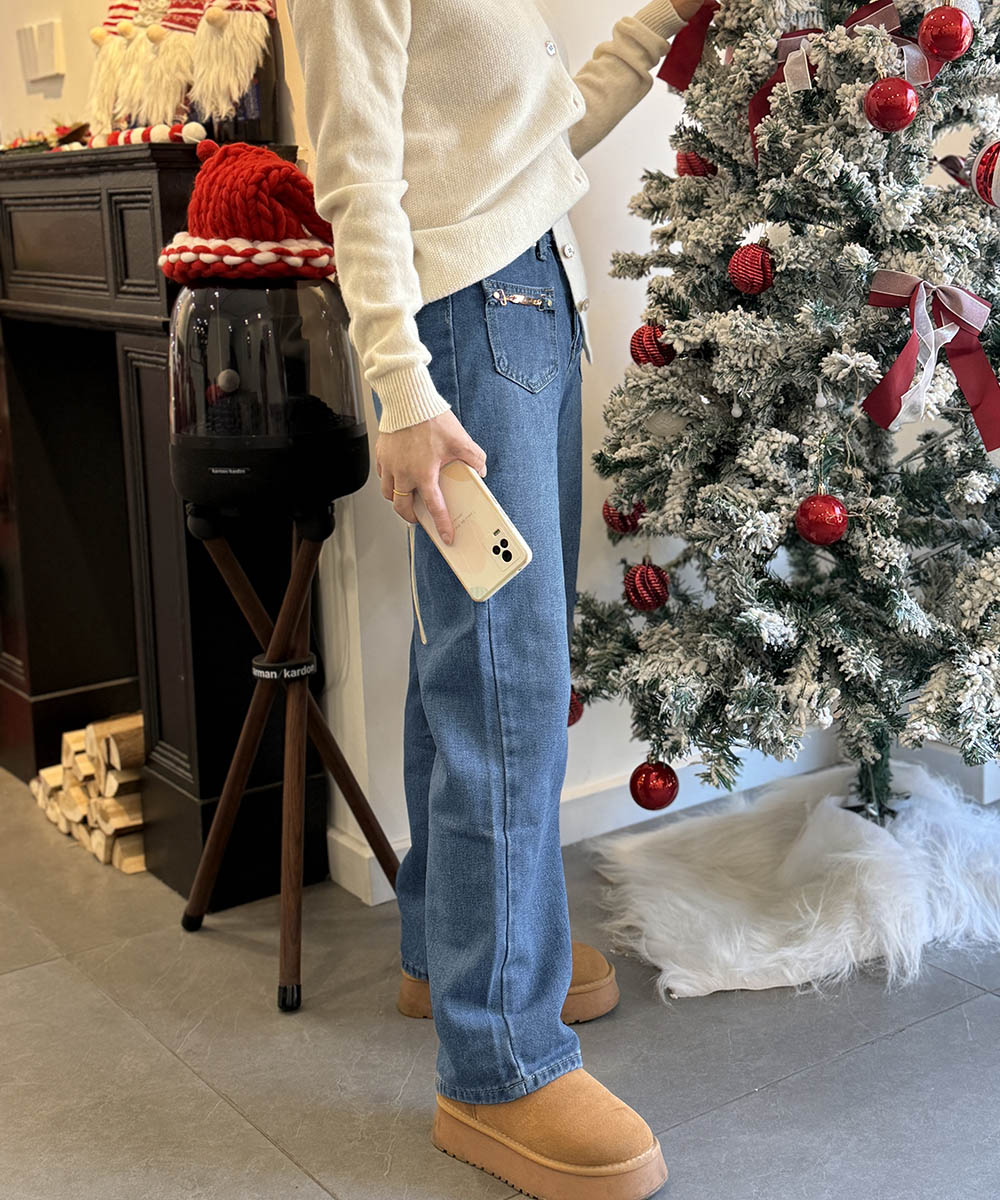 ワークパンツ ハイウエストデニム ポケット飾り ストレート