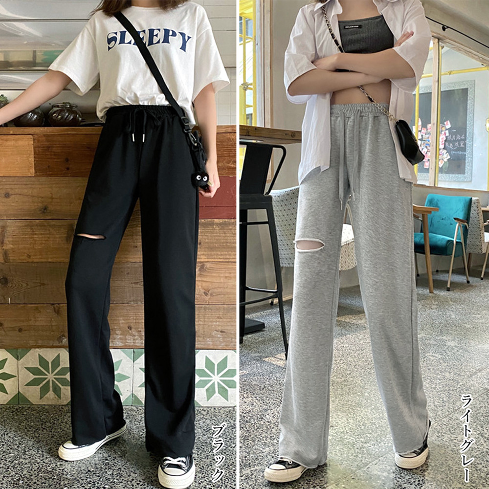 ワークパンツ 穴あきデニム風 スウェットパンツ レディース