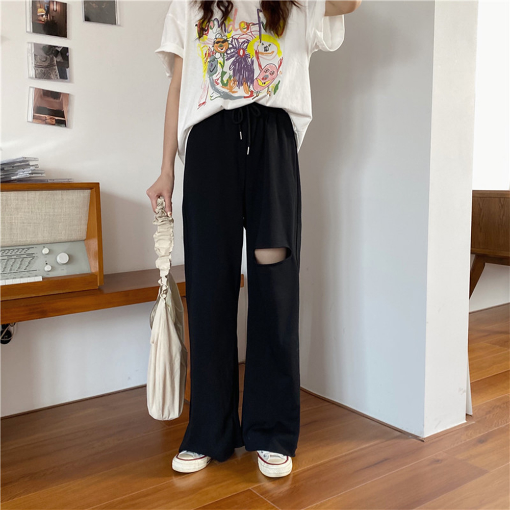 ワークパンツ 穴あきデニム風 スウェットパンツ レディース