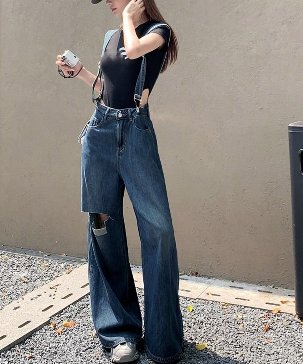 ワークパンツ スリット入りハイウエストデニムサス付きワイドパンツ