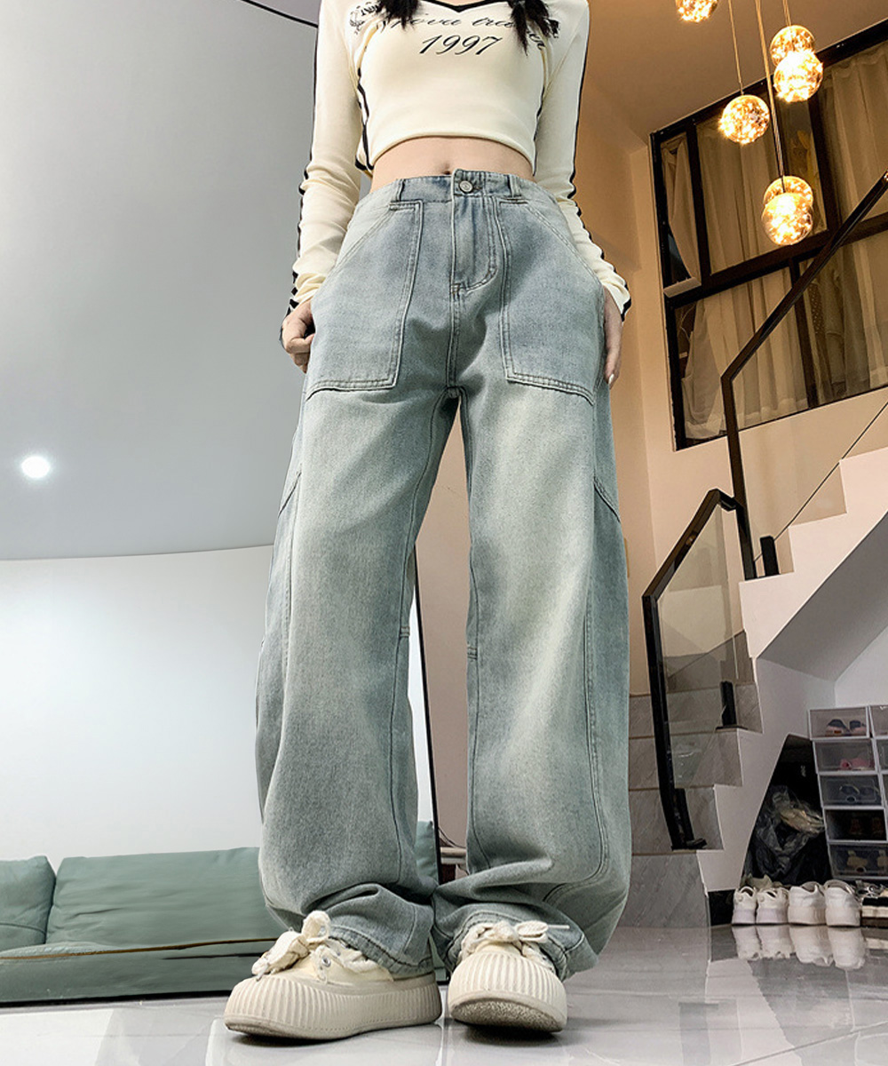 ワークパンツ レトロ風ワイドデニムパンツ 美脚バギー