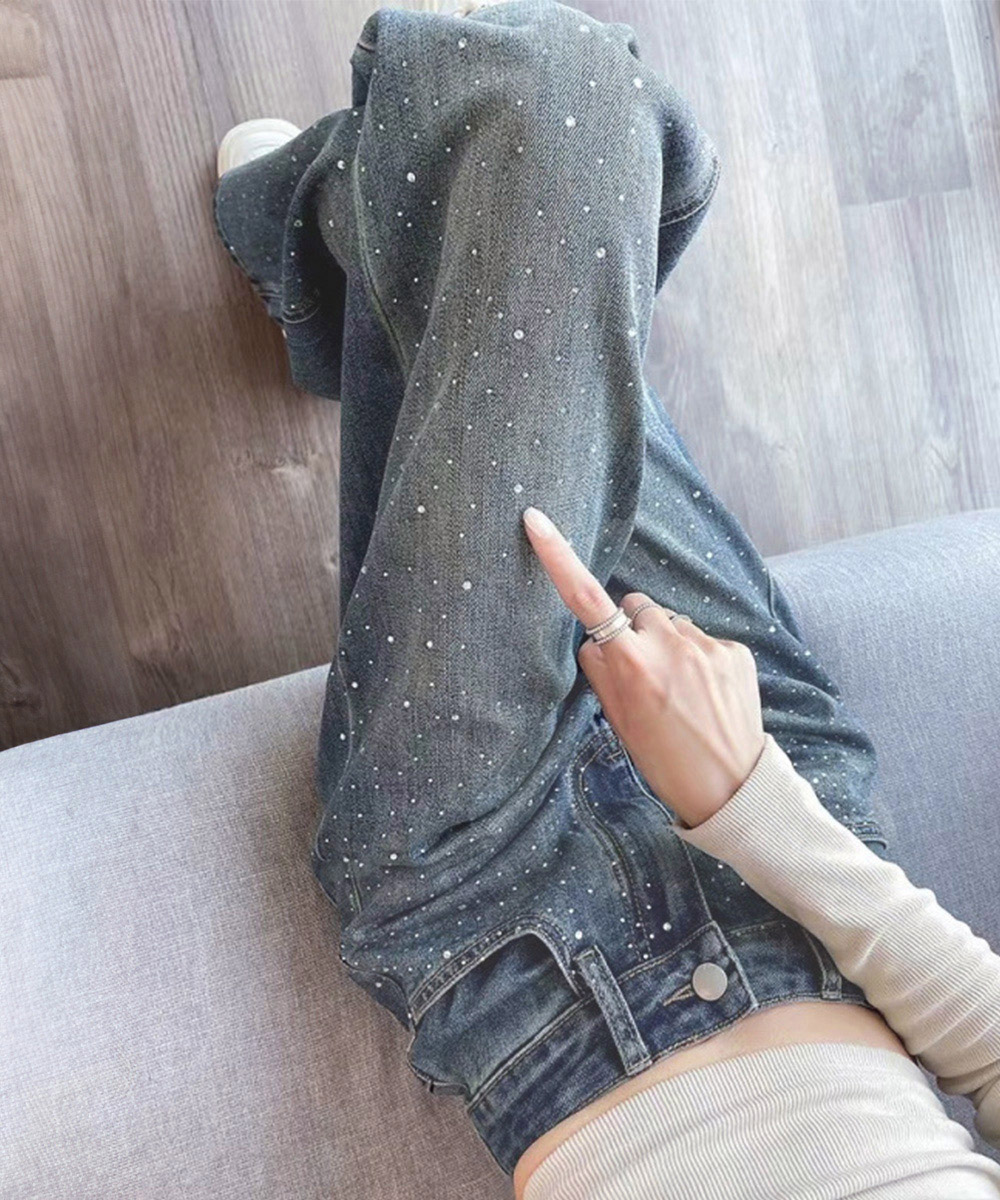 ワークパンツ 輝くラインストーンデニムパンツ