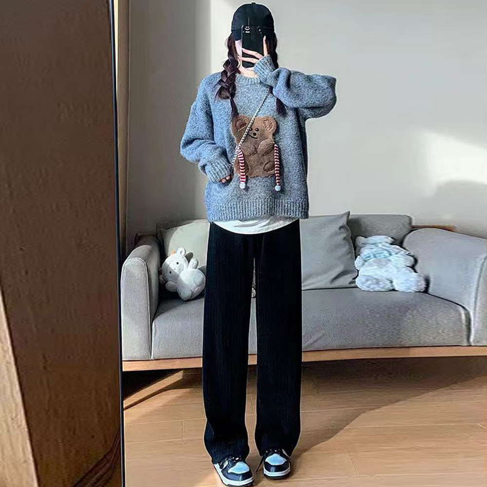 ワークパンツ レディース 韓国風 ニットワイドチノパン