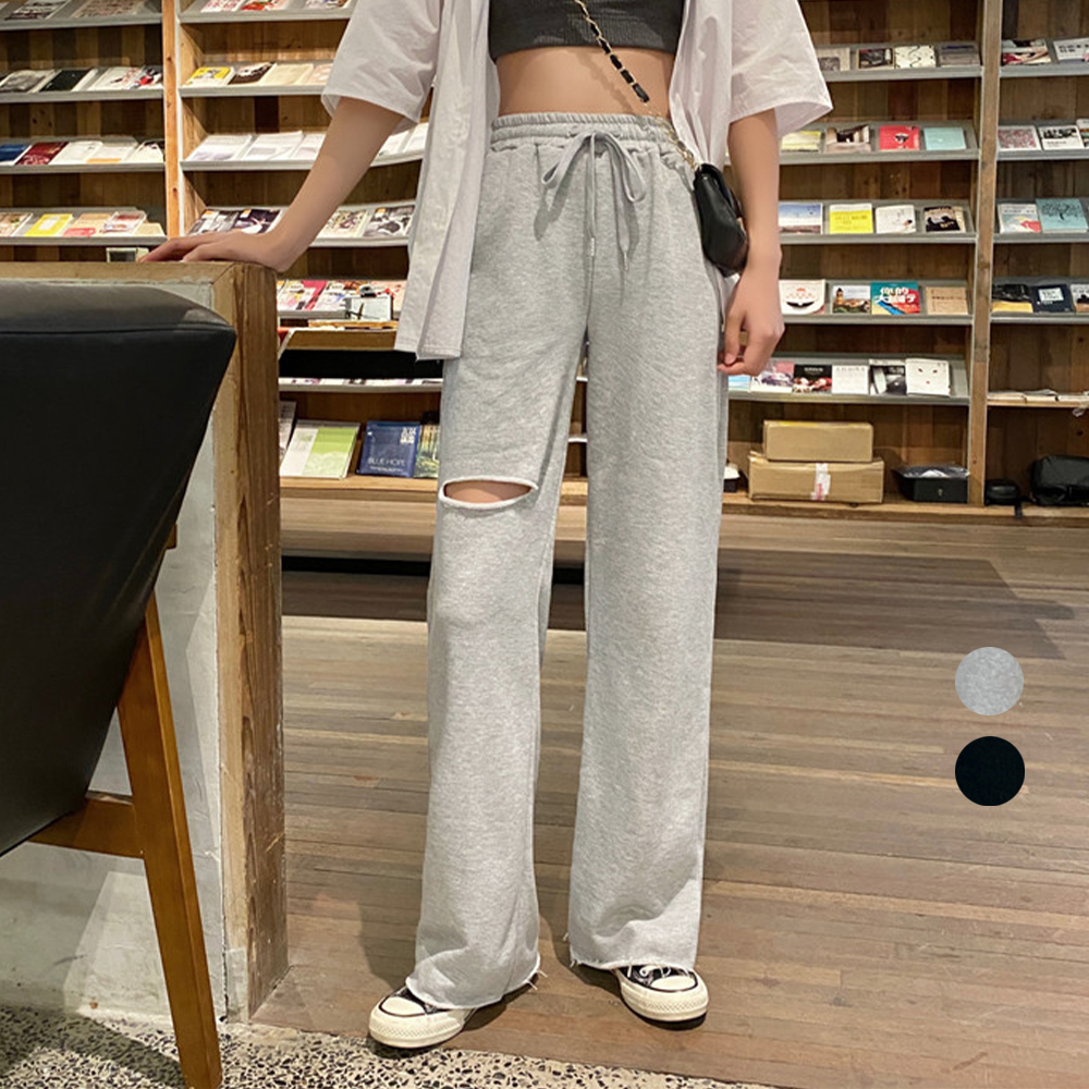 ワークパンツ 穴あきデニム風 スウェットパンツ レディース