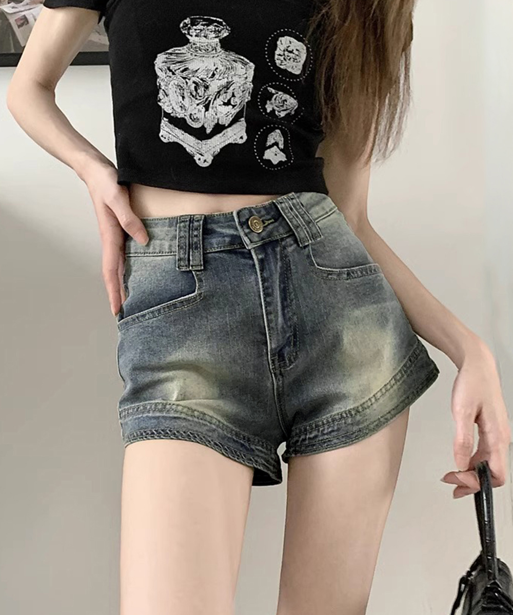 ワークパンツ ハイウエストデニムショートパンツ 美脚効果