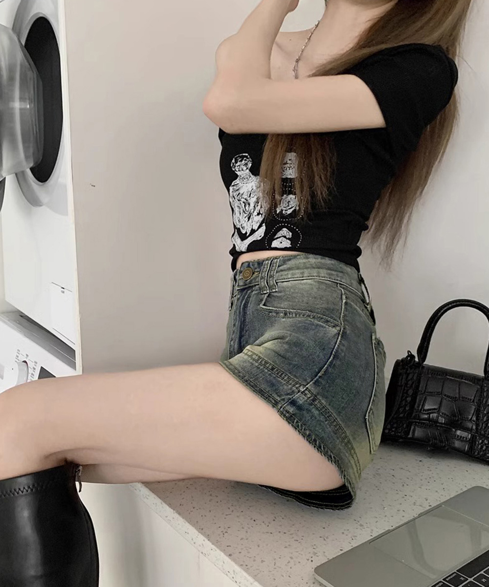 ワークパンツ ハイウエストデニムショートパンツ 美脚効果