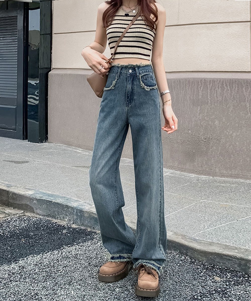 ワークパンツ ハイウエスト フリンジデニム 美脚パンツ