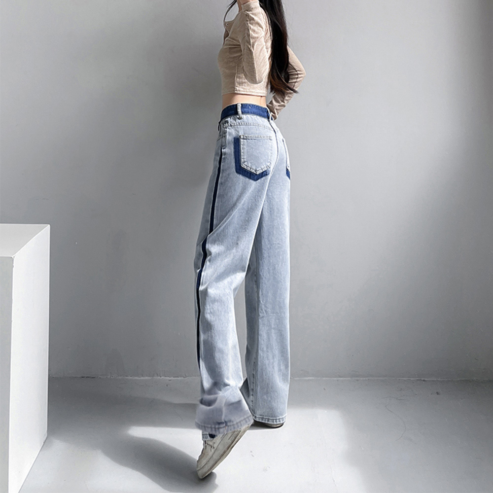 ワークパンツ サイドライン ハイウエストデニム 美脚ストレート