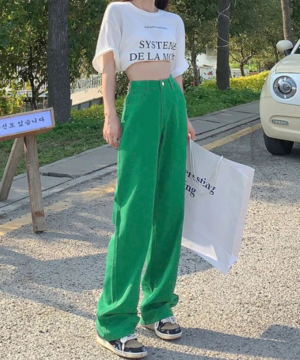 ワークパンツ カラフルハイウエストデニムパンツ 美脚効果