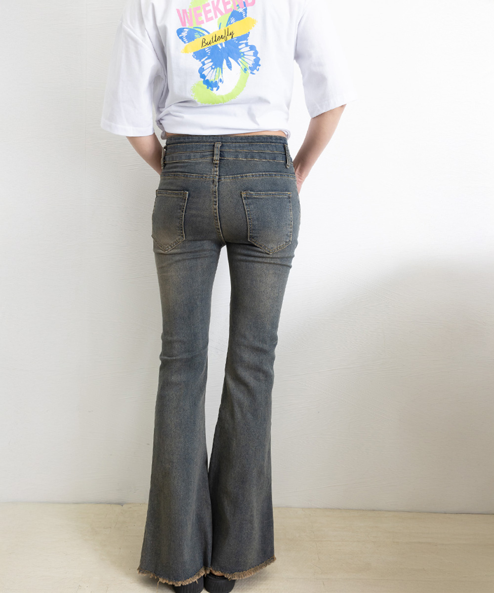 ワークパンツ ハイウエスト美脚フレアデニムパンツ