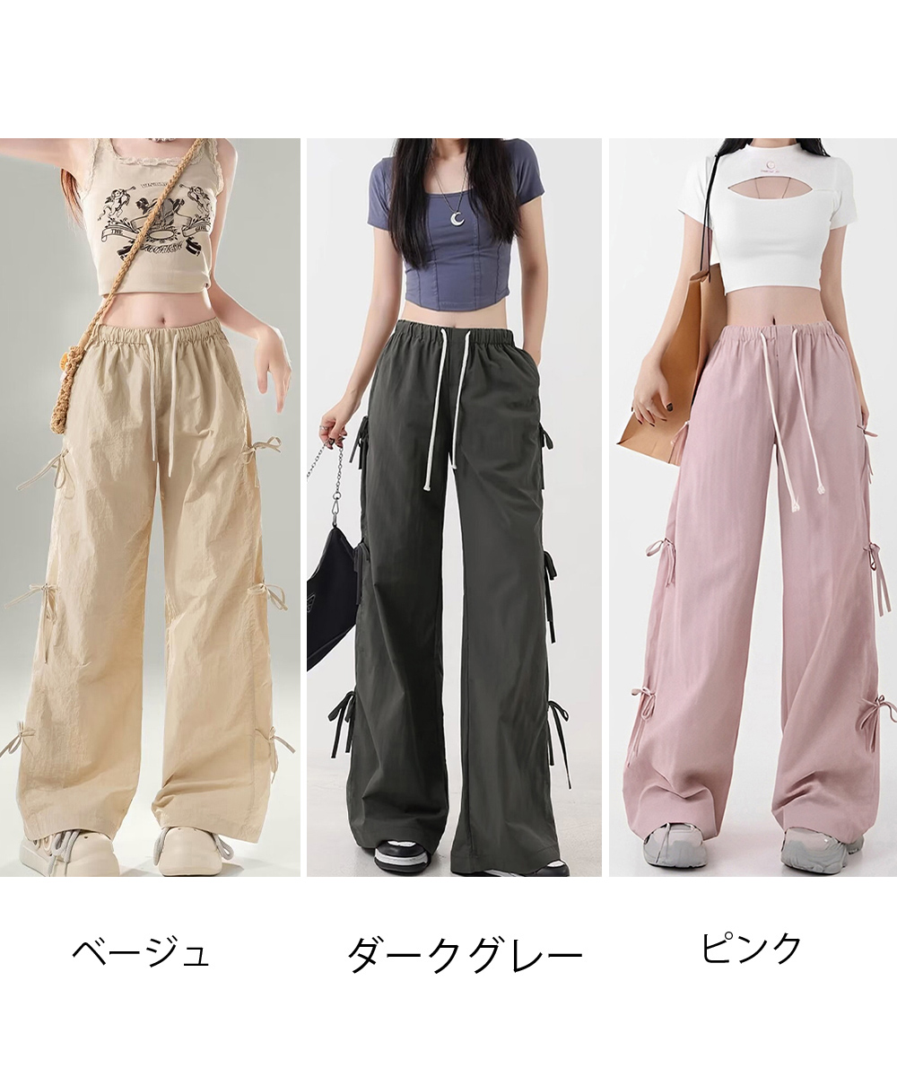 ワークパンツ サイドリボン 軽やか素材 ワイドカーゴパンツ