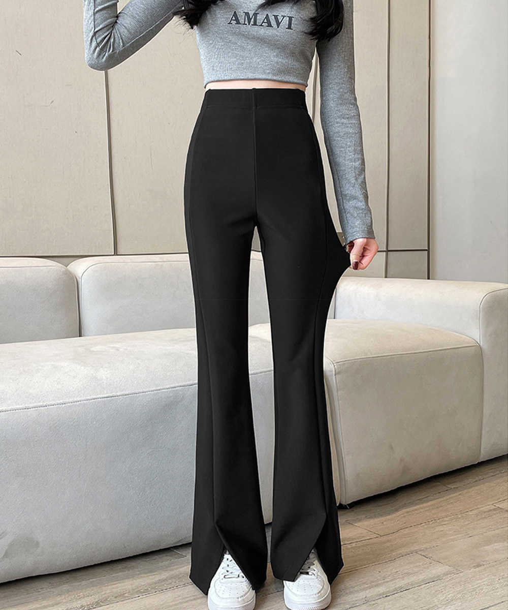 ワークパンツ ハイウエストフレアスラックス 裾スリット美脚パンツ