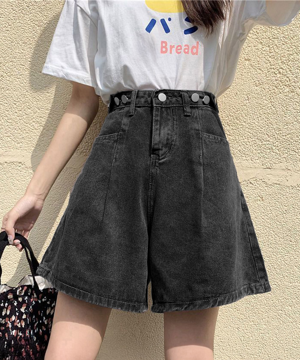 ワークパンツ ハイウエストデニムショートパンツ 美脚 調節可能